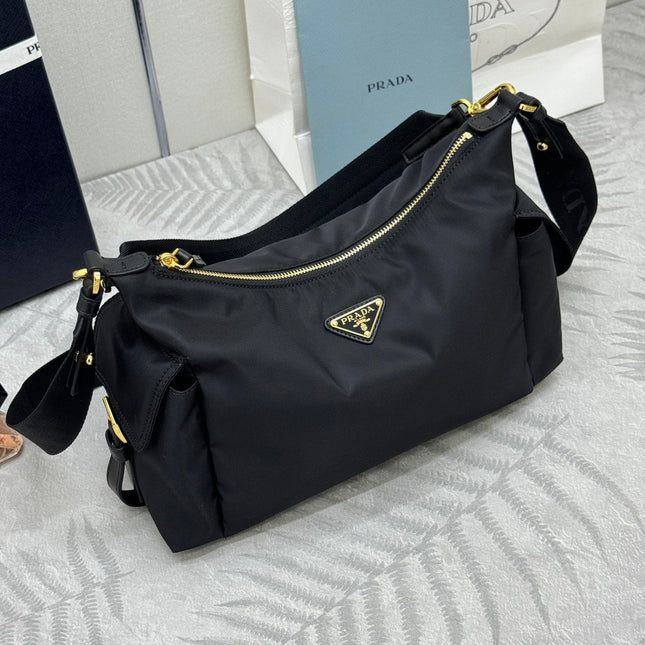 PRADA 25S EXPLORE LARGE RE-NYLON SHOULDER BAG 32 IN BLACK WITH FLAP
