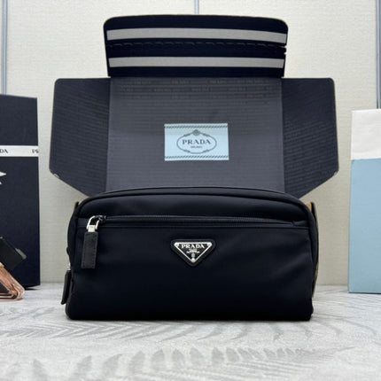 PRADA 25S MEDIUM CLUTCH BAG 26 IN BLACK NYLON SILVER HARDWRE