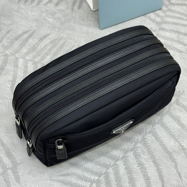 PRADA 25S MEDIUM CLUTCH BAG 26 IN BLACK NYLON SILVER HARDWRE