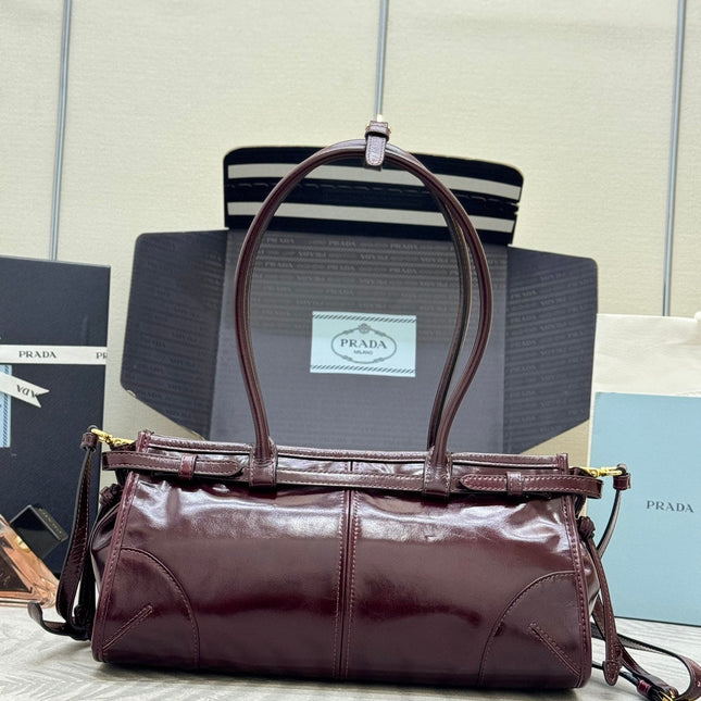PRADA 25S BONNIE MEDIUM HANDBAG 32 IN BURGUNDY GLOSSY CALFSKIN