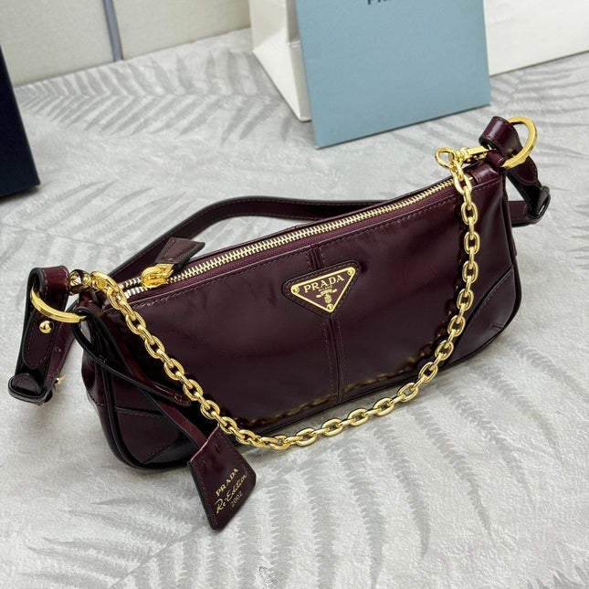 PRADA 25S RE-EDITION 2002 MEDIUM SHOULDER BAG 26 IN BURGUNDY CALFSKIN GOLD HARDWRE