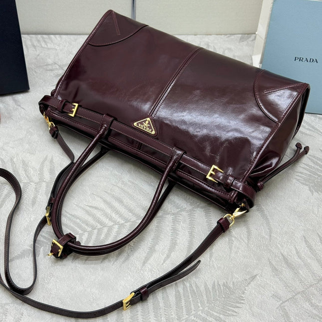 PRADA 25S BONNIE LARGE HANDBAG 38 IN BURGUNDY GLOSSY CALFSKIN GOLD HARDWRE