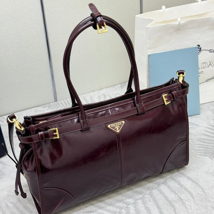 PRADA 25S BONNIE LARGE HANDBAG 38 IN BURGUNDY GLOSSY CALFSKIN GOLD HARDWRE