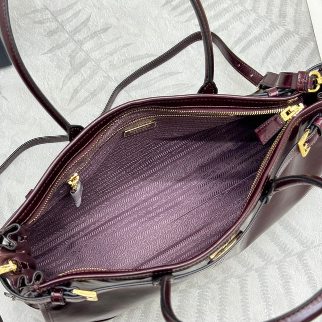 PRADA 25S BONNIE LARGE HANDBAG 38 IN BURGUNDY GLOSSY CALFSKIN GOLD HARDWRE
