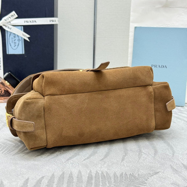 PRADA 25S EXPLORE MEDIUM SHOULDER BAG 30 IN CINNAMON SUEDE WITH FLAP
