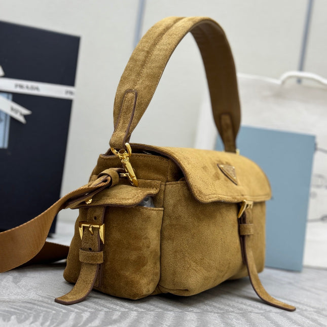 PRADA 25S EXPLORE MEDIUM SHOULDER BAG 30 IN DARK GOLDEN BROWN SUEDE WITH FLAP
