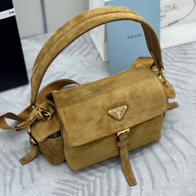 PRADA 25S EXPLORE MEDIUM SHOULDER BAG 30 IN DARK GOLDEN BROWN SUEDE WITH FLAP