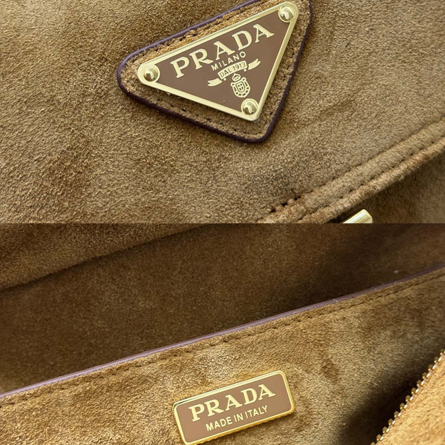 PRADA 25S EXPLORE MEDIUM SHOULDER BAG 30 IN DARK GOLDEN BROWN SUEDE WITH FLAP