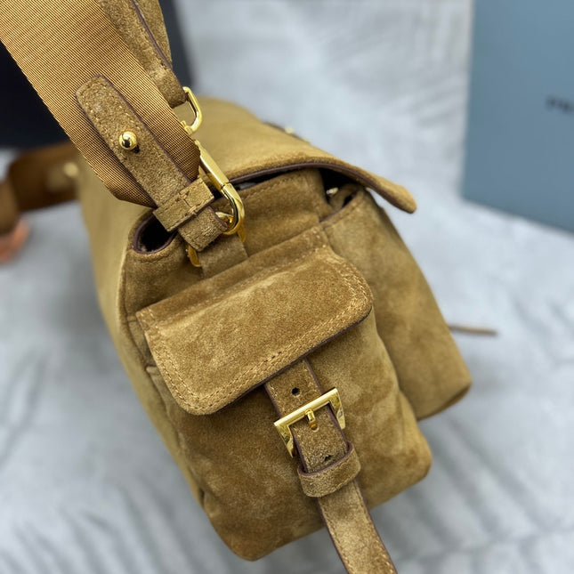 PRADA 25S EXPLORE MEDIUM SHOULDER BAG 30 IN DARK GOLDEN BROWN SUEDE WITH FLAP