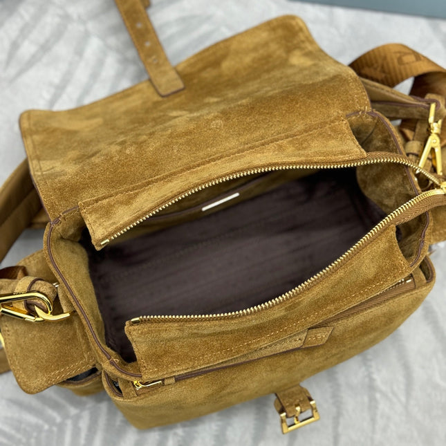 PRADA 25S EXPLORE MEDIUM SHOULDER BAG 30 IN DARK GOLDEN BROWN SUEDE WITH FLAP