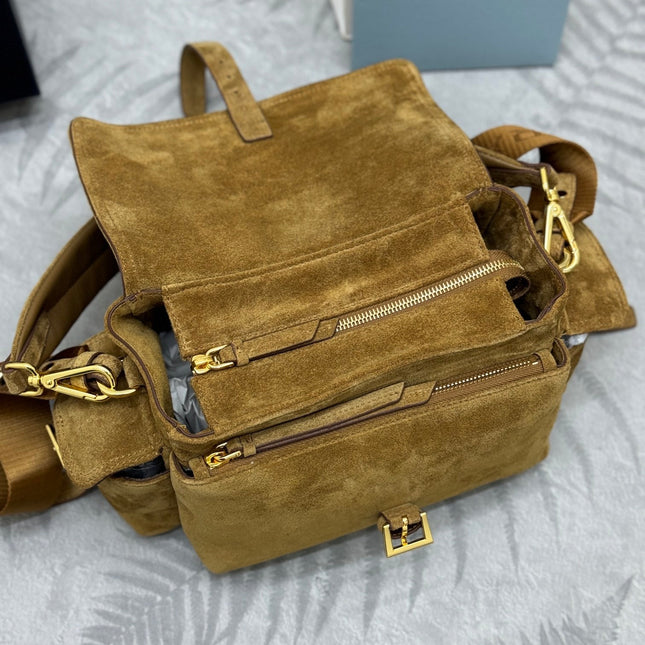 PRADA 25S EXPLORE MEDIUM SHOULDER BAG 30 IN DARK GOLDEN BROWN SUEDE WITH FLAP
