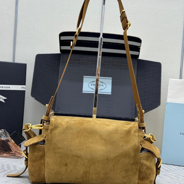 PRADA 25S EXPLORE MEDIUM SHOULDER BAG 30 IN DARK GOLDEN BROWN SUEDE WITH FLAP