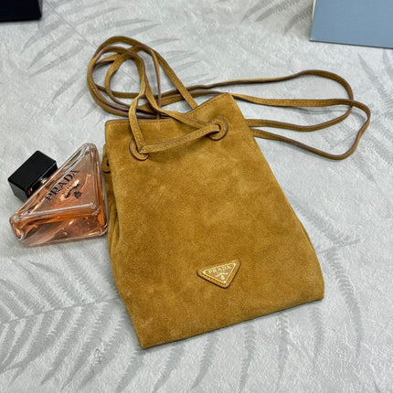 PRADA 25S BUCKET BAG 20 IN LIGHT CARAMEL SUEDE GOLD HARDWRE