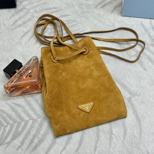 PRADA 25S BUCKET BAG 20 IN LIGHT CARAMEL SUEDE GOLD HARDWRE