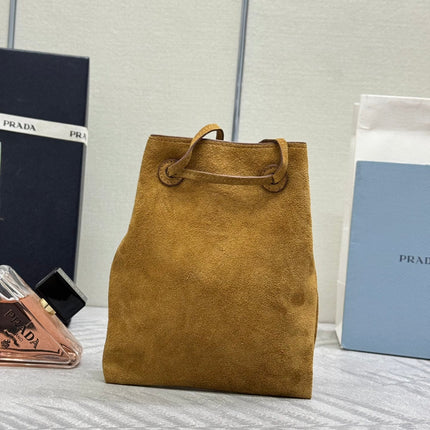 PRADA 25S BUCKET BAG 20 IN LIGHT CARAMEL SUEDE GOLD HARDWRE