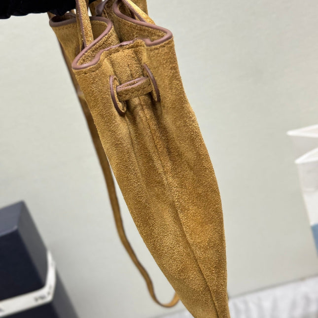PRADA 25S BUCKET BAG 20 IN LIGHT CARAMEL SUEDE GOLD HARDWRE