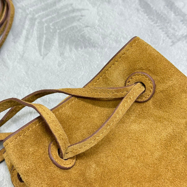 PRADA 25S BUCKET BAG 20 IN LIGHT CARAMEL SUEDE GOLD HARDWRE