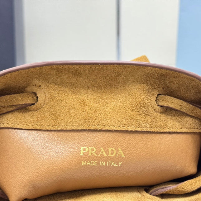 PRADA 25S BUCKET BAG 20 IN LIGHT CARAMEL SUEDE GOLD HARDWRE