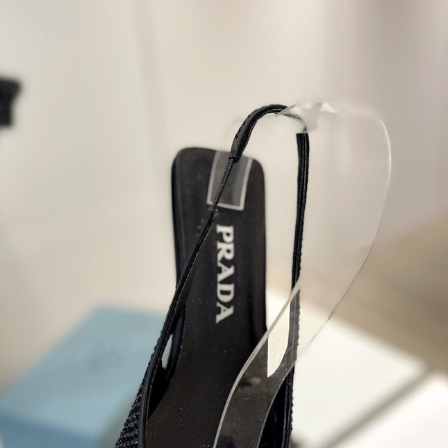 PRA SLINGBACK PUMPS BLACK SATIN WITH BLACK CRYSTALS