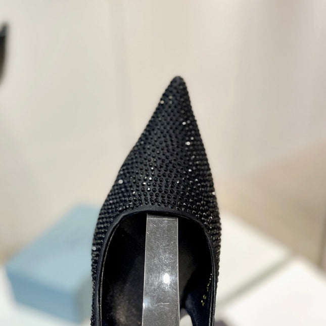 PRA SLINGBACK PUMPS BLACK SATIN WITH BLACK CRYSTALS