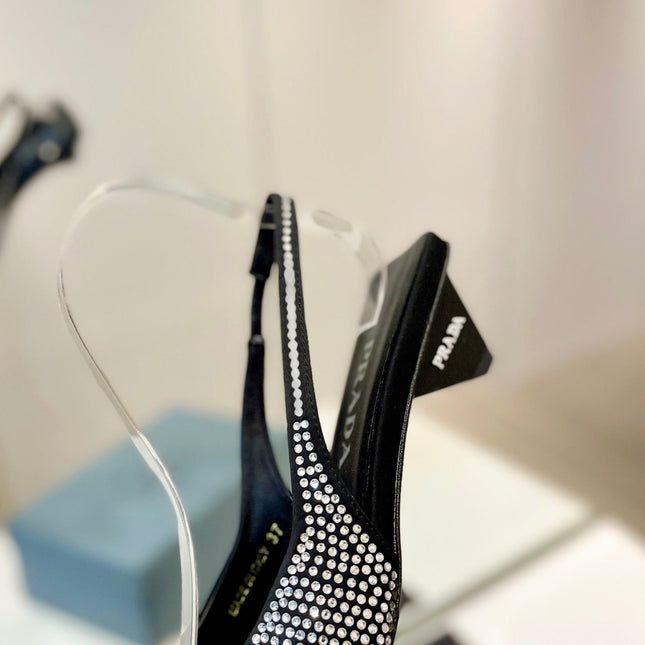 PRA SLINGBACK PUMPS BLACK SATIN WITH WHITE CRYSTALS