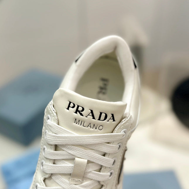 PRA DOWNTOWN PERFORATED SNEAKERS WHITE AND BLACK LOGO CALFSKIN