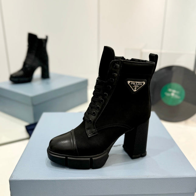 PRA RE-NYLON AND LEATHER BOOTIES BLACK