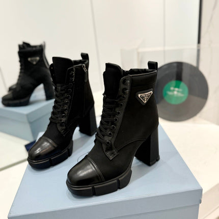 PRA RE-NYLON AND LEATHER BOOTIES BLACK