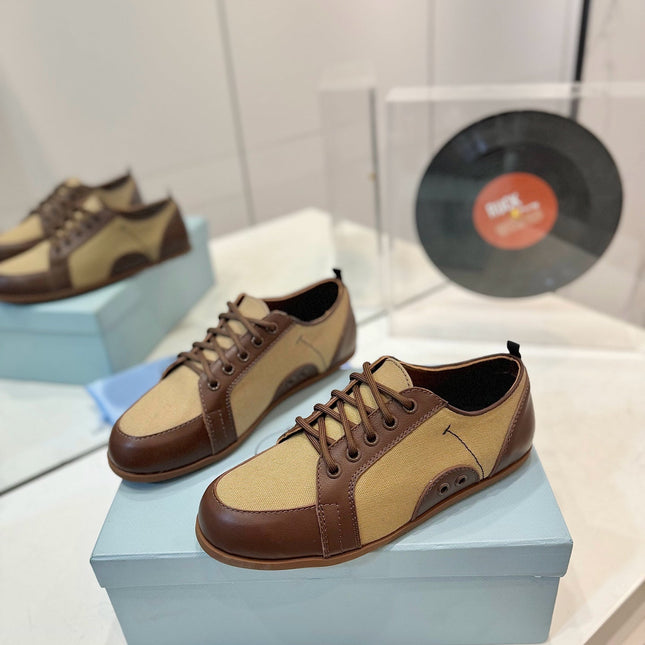 SNEAKERS IN BROWN LAMBSKIN AND BEIGE CANVAS