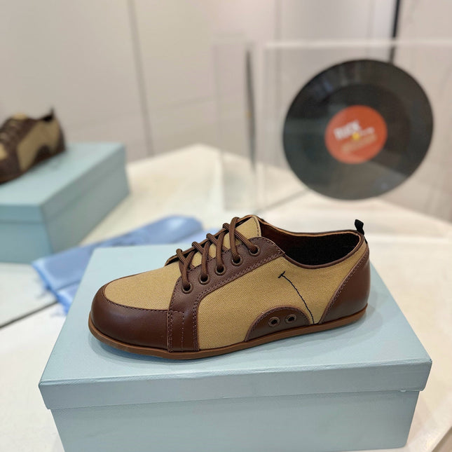 SNEAKERS IN BROWN LAMBSKIN AND BEIGE CANVAS