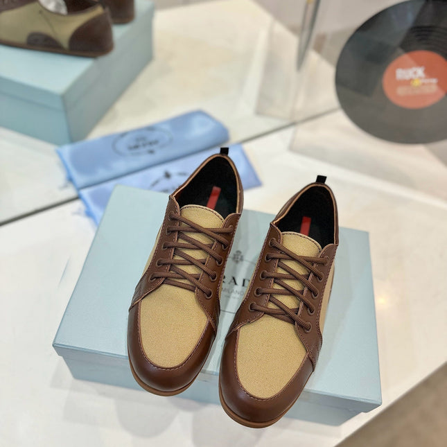 SNEAKERS IN BROWN LAMBSKIN AND BEIGE CANVAS