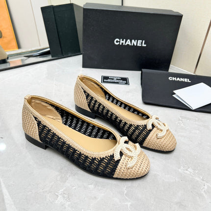 BALLET FLAT 10 MM IN BLACK MIX BEIGE RAFFIA