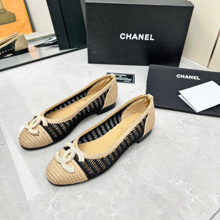 BALLET FLAT 10 MM IN BLACK MIX BEIGE RAFFIA