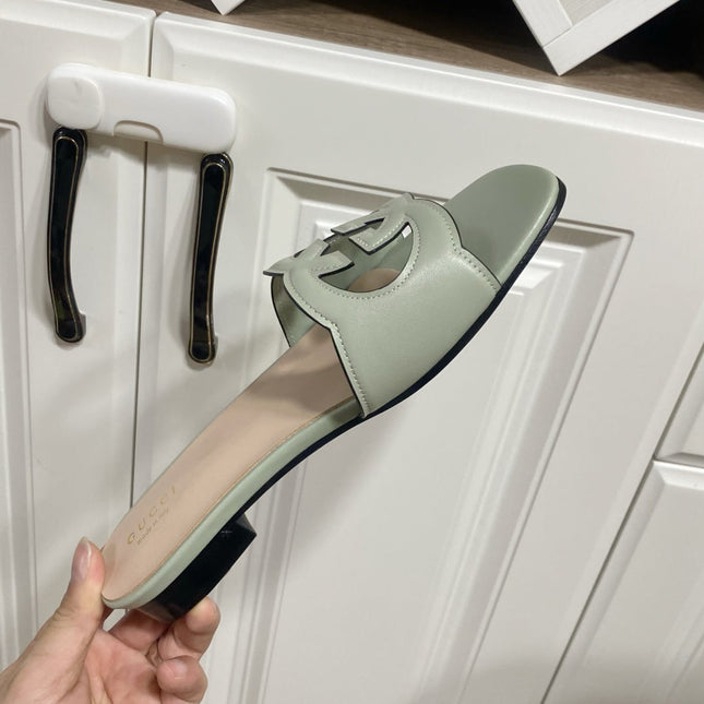 INTERLOCKING G SLIDE SANDAL IN PASTEL GREEN AND BEIGE CALFSKIN