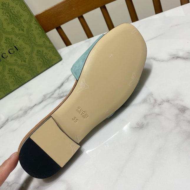 INTERLOCKING G SLIDE SANDAL IN MORNING BLUE SUEDE AND BROWN SHEEPSKIN LINING