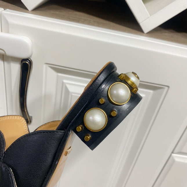 GG HEEL MULES 35 CM IN BLACK CALFSKIN WITH PEARL-EMBELLISHED SOLE