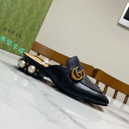 GG HEEL MULES 35 CM IN BLACK CALFSKIN WITH PEARL-EMBELLISHED SOLE