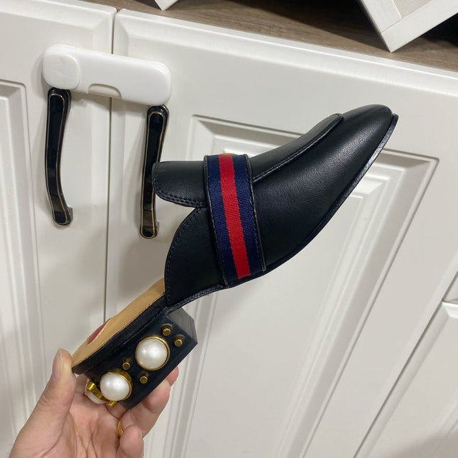 GG HEEL MULES 35 CM IN BLACK CALFSKIN WITH PEARL-EMBELLISHED SOLE