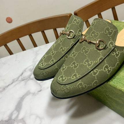 GG MULES IN MOSS GREEN FABRIC GOLD HARD WARE