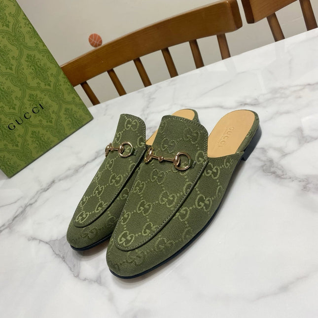 GG MULES IN MOSS GREEN FABRIC GOLD HARD WARE