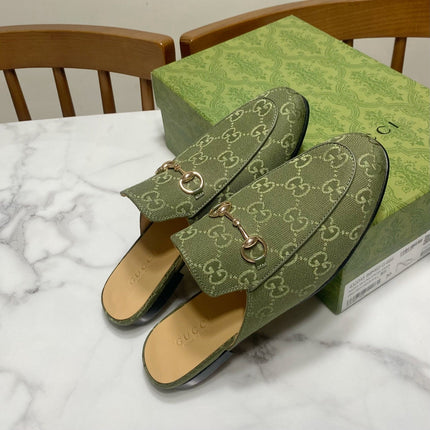 GG MULES IN MOSS GREEN FABRIC GOLD HARD WARE