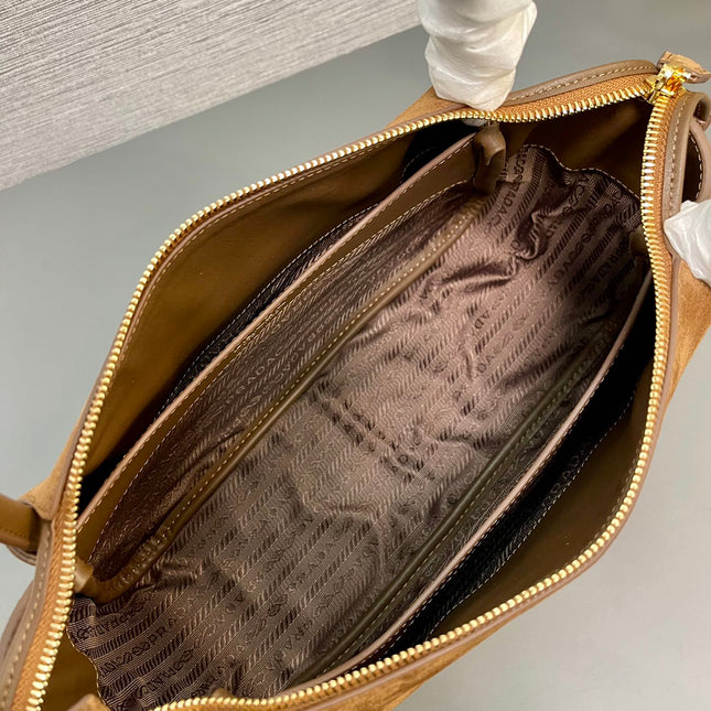 SHOULDER BAG 28 IN TAWNY BROWN SUEDE GOLD LOGO