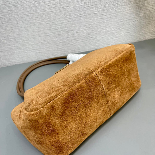SHOULDER BAG 28 IN TAWNY BROWN SUEDE GOLD LOGO
