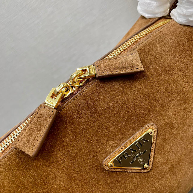 SHOULDER BAG 28 IN TAWNY BROWN SUEDE GOLD LOGO