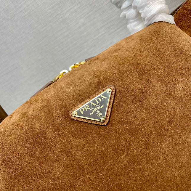 SHOULDER BAG 28 IN TAWNY BROWN SUEDE GOLD LOGO