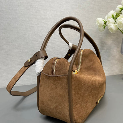 BOWLING BAG 25 IN ASH BROWN SUEDE AND CALFSKIN TRIM GOLD LOGO