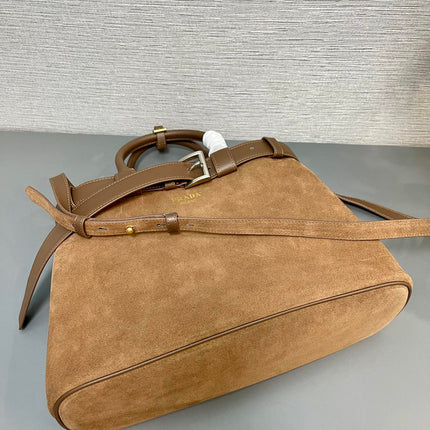 MEDIUM TOTE BAG WITH BELT 35 IN RUSSET BROWN SUEDE