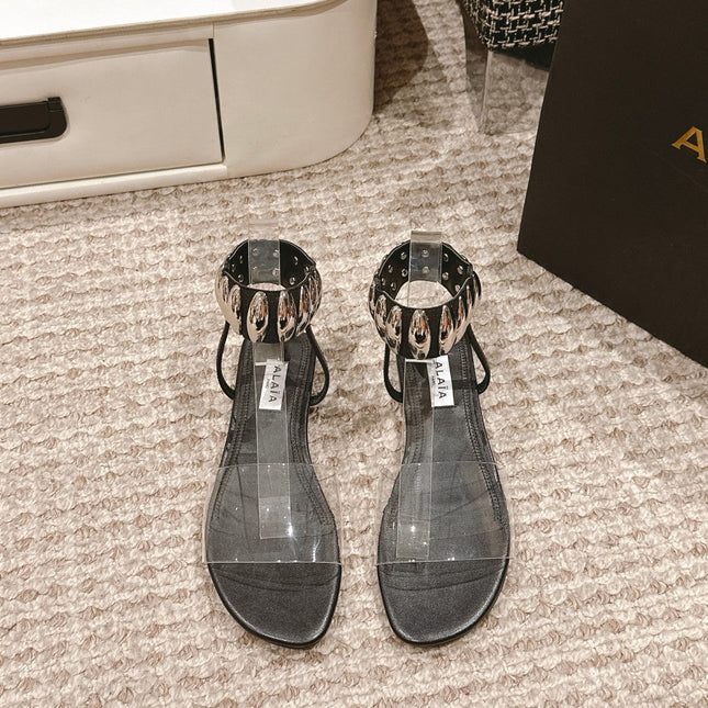 ALAIA SANDAL IN BLACK CALFSKN AND FILM WITH CRYSTAL