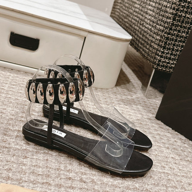 ALAIA SANDAL IN BLACK CALFSKN AND FILM WITH CRYSTAL