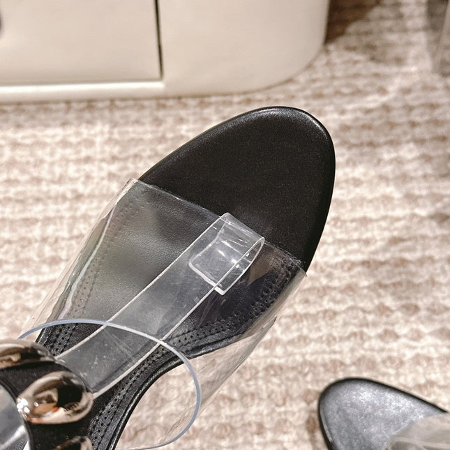 ALAIA HIGH SANDAL IN BLACK CALFSKN AND FILM WITH CRYSTAL